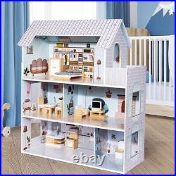 Large Wooden 11pcs Doll House Kit Play Dollhouse Mansion Furniture