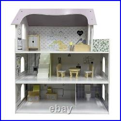 Large Wooden 11pcs Doll House Kit Play Dollhouse Mansion Furniture