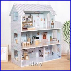 Large Wooden 11pcs Doll House Kit Play Dollhouse Mansion Furniture