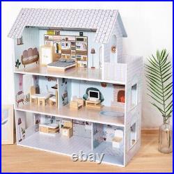 Large Wooden 11pcs Doll House Kit Play Dollhouse Mansion Furniture