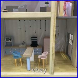 Large Wooden 27pcs Doll House Kit Play Dollhouse Mansion Furniture