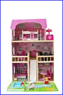 Large Wooden Doll House DARIA + 20 pieces, with a BIG SWIMMING POOL