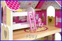 Large Wooden Doll House Furniture + Dolls + Led Gifts For Kids Fun Present