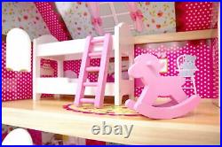 Large Wooden Doll House Furniture + Dolls + Led Gifts For Kids Fun Present