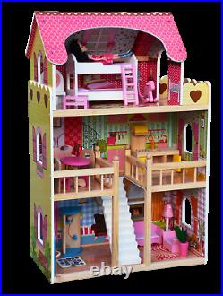 Large Wooden Doll House LENA + 16 pieces of furniture, premium quality