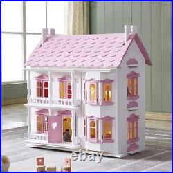 Large Wooden Doll House with LED Light String and Furniture Kids Dollhouse Gift