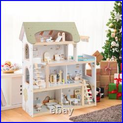 Large Wooden Dollhouse 4 Storey Playhouse 33Pc Furniture Kids Pretend Toy Set