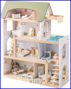 Large Wooden Dollhouse 4 Storey Playhouse 33Pc Furniture Kids Pretend Toy Set