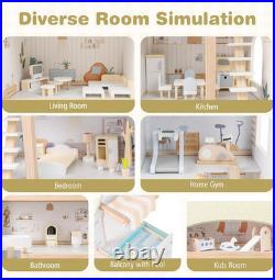 Large Wooden Dollhouse 4 Storey Playhouse 33Pc Furniture Kids Pretend Toy Set