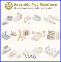 Large Wooden Dollhouse 4 Storey Playhouse 33Pc Furniture Kids Pretend Toy Set