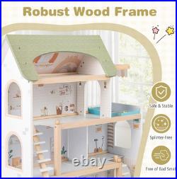 Large Wooden Dollhouse 4 Storey Playhouse 33Pc Furniture Kids Pretend Toy Set