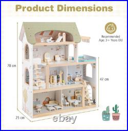Large Wooden Dollhouse 4 Storey Playhouse 33Pc Furniture Kids Pretend Toy Set