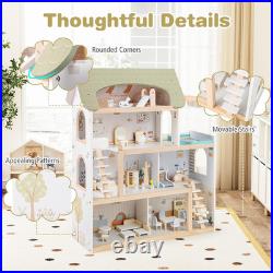 Large Wooden Dollhouse 4 Storey Playhouse 33Pc Furniture Kids Pretend Toy Set