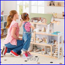 Large Wooden Dollhouse 4 Storey Playhouse 33Pc Furniture Kids Pretend Toy Set