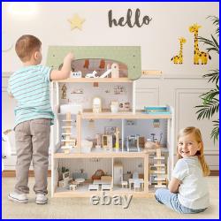 Large Wooden Dollhouse 4 Storey Playhouse 33Pc Furniture Kids Pretend Toy Set