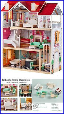 Large Wooden Dolls House Girls Toy with Furniture Playset Pink Fits Barbie New