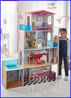 Large Wooden Dolls House Kids Miami Mansion 4 Storey House 8 Pieces Furniture