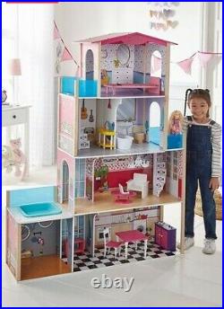 Large Wooden Dolls House Kids Miami Mansion 8 Pieces Furniture 4 Storey House