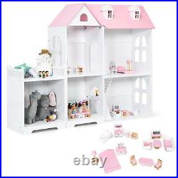 Large Wooden Dolls House with Furniture and Accessories-Pink