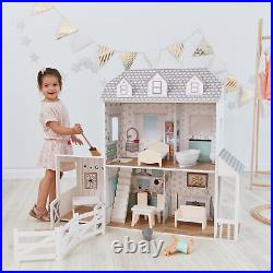 Large Wooden Farmhouse Doll House Playset 2 Floors, 14 Accessories, 2.9ft Tall