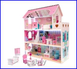 Large Wooden doll house for Toddler 3 floors LED 3 Rooms with Furniture