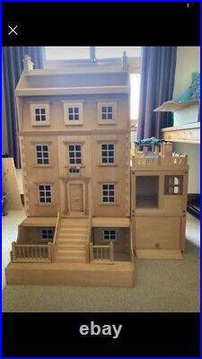 Large wooden dolls house, boxes of accessories, furniture, dolls