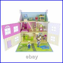 Leomark Blue Wooden Doll House Three Storey With Furniture + Dolls Kids