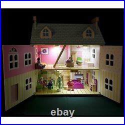Leomark White Wooden Doll House With Furniture + Dolls + Lights Kids