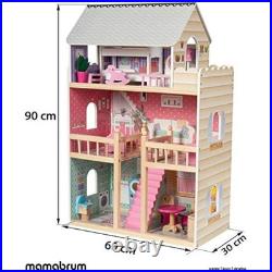 Mamabrum Dolls House with Furniture Set Large 3-Story Wooden Playhouse with LE