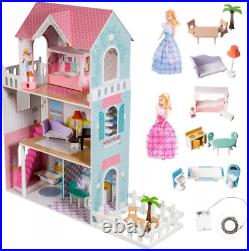 Mamabrum Wooden XXL Dolls House with Terrace Garden, LED Lights, Furniture and 3