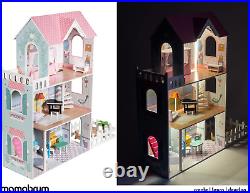 Mamabrum Wooden XXL Dolls House with Terrace Garden, LED Lights, Furniture and 3