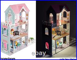 Mamabrum Wooden XXL Dolls House with Terrace Garden, LED Lights, Furniture and 3