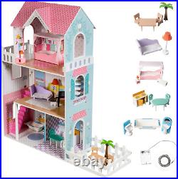 Mamabrum Wooden XXL Dolls House with Terrace Garden, LED Lights, Furniture and 3