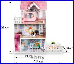 Mamabrum Wooden XXL Dolls House with Terrace Garden, LED Lights, Furniture and 3