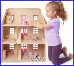 Melissa & Doug Multi Level Wooden Doll House Furnished Play Set Open Design