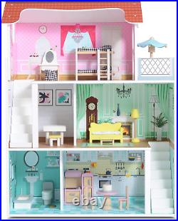 Milliard Wooden Doll House, Includes 20 Furniture Pieces Large Three Level Dol