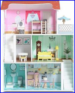 Milliard Wooden Dolls House, Large Three Level Dollhouse for Kids