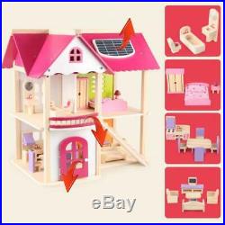 Mini Wooden Dolls House Kids Pretend Play Toy Full Furniture Pink Kid Xmas Gift