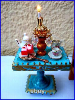 Miniature 112 Scale Rococo Louis XVI Sofa Breakfast Table Candle OOAK Dollhouse