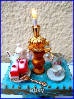 Miniature 112 Scale Rococo Louis XVI Sofa Breakfast Table Candle OOAK Dollhouse