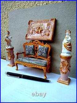 Miniature 112 scale Rococo Louis XVI sofa picture decorative columns OOAK dollhouse