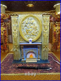 Miniature 1/12 Fireplace Rococo Blue Gold Louis XVI LED Light OOAK Dollhouse