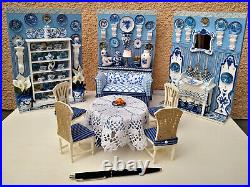 Miniature 1/12 Scale Dining Room Blue & White Dollhouse Unique OOAK