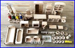 Miniature Wooden Dolls House Plaything Set with 4 Bear Dolls Furnitures USED