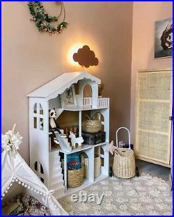 Modern Wooden Dolls House, Large Three Level Dollhouse for Kids Bookshelf Gift