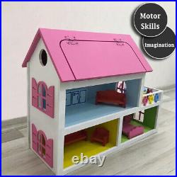 Montessori Wooden DollHouse with 15 PCs Furnitures, DIY Miniature Toys