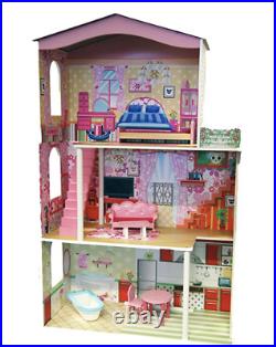 PREMIUM Wooden 3 Storey Dolls House for 8 Dolls with 7 x Furniture NEW