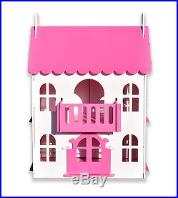 Pink & White Big Wooden Doll House, Wood House For Girls, Dollhouse Kit, Doll Ho