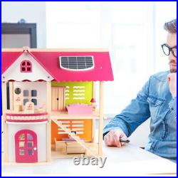 Pink Wooden Doll House Assembly Villa Furniture DIY Miniature Model Gift T JKs