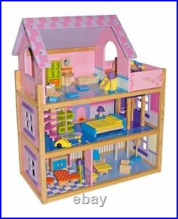 Pink Wooden Dolls House Furnished Toy Play Set HL